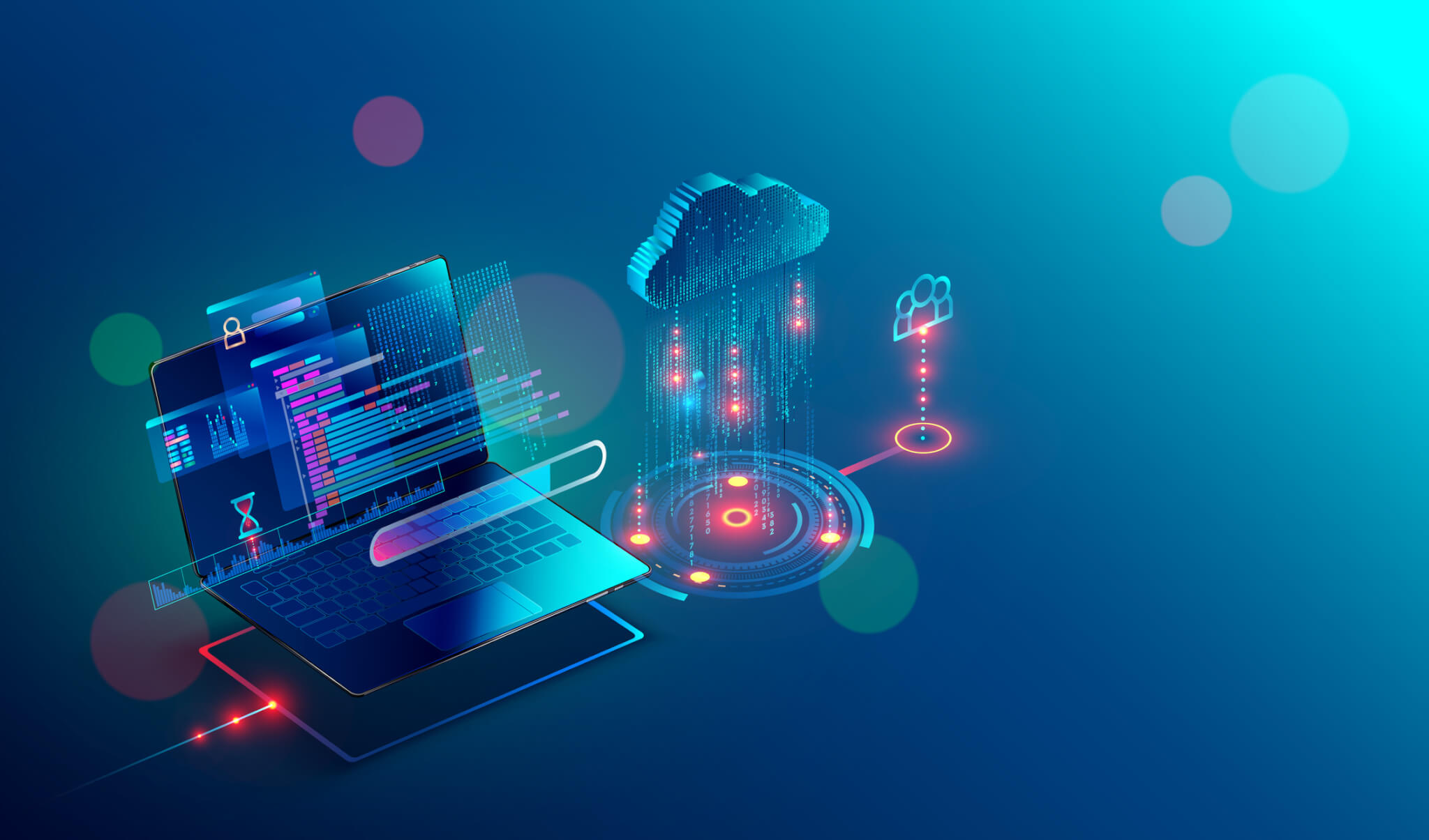 laptop. cloud storage. shared access. Isometric.